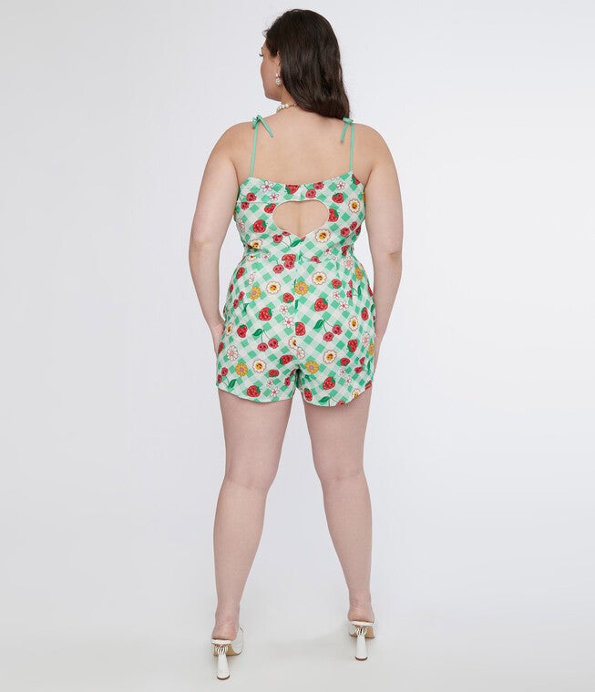 Unique Vintage 1950s Green Gingham Spooky Fruit Print Romper & Skirt Set, Green Gingham Spooky Fruit Print / Light Green, alternate image number 2