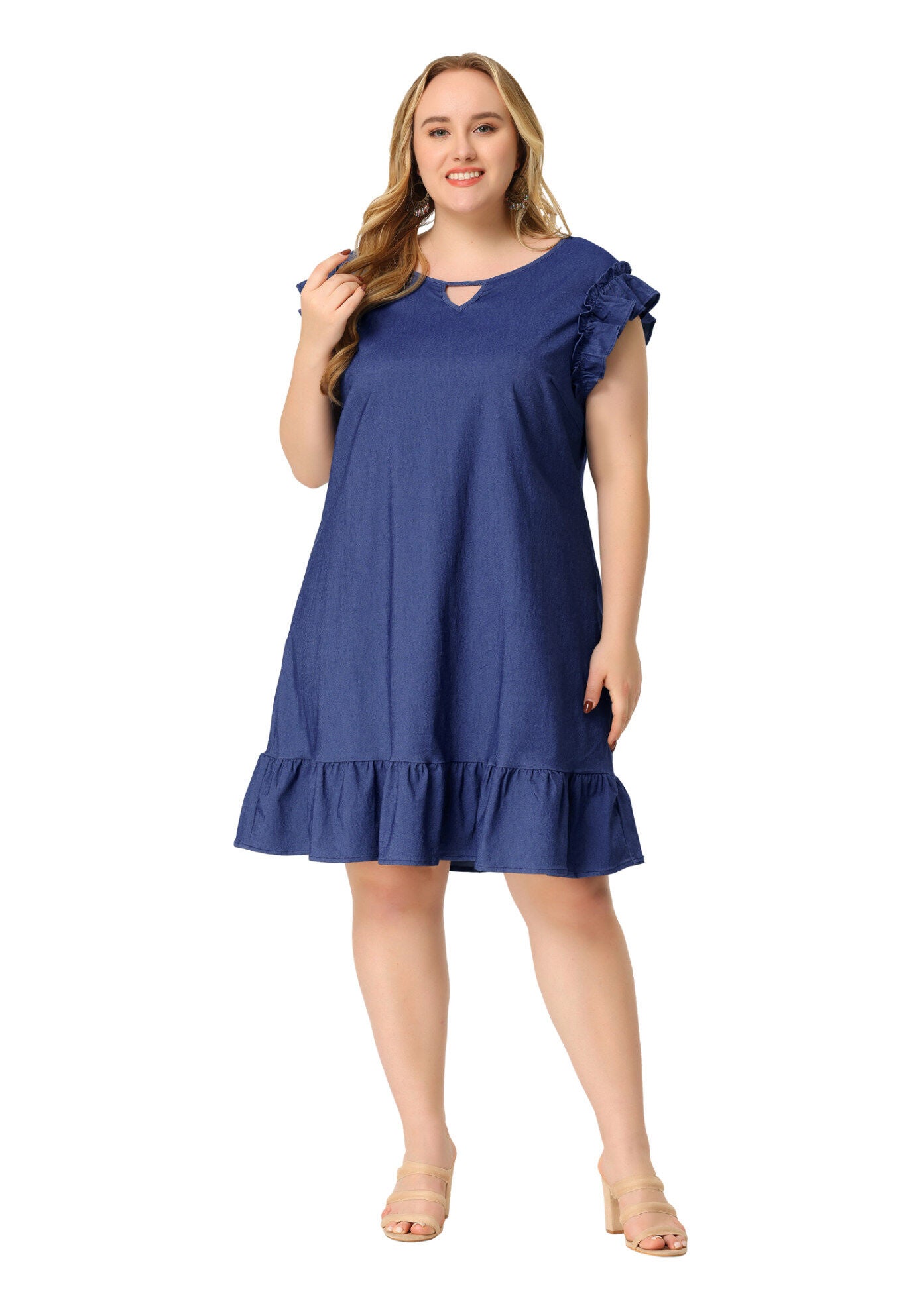 Summer Ruffle Hem Flared Short Sleeve V Neck Chambray Dress, Blue / Chambray Denim Medium, hi-res image number 0