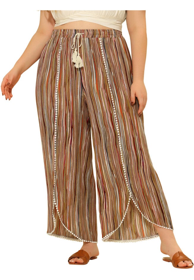 SPLIT ELASTIC WAIST FLOWY STRIPED WIDE LEG PANTS, Brown / Brown, alternate image number 2