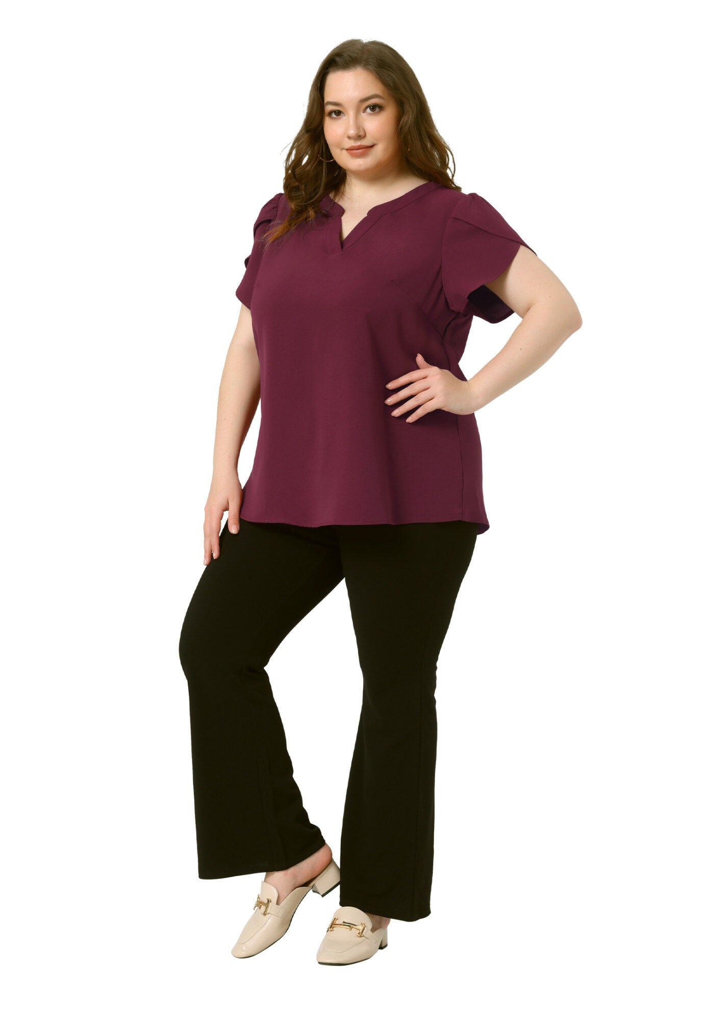 Notched V Neck Short Petal Sleeve Shirt Top, Burgundy / Burgundy, hi-res image number 0
