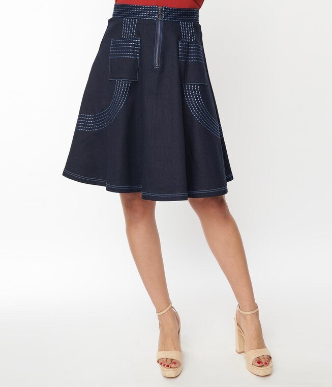Unique Vintage Denim Blue Patch Pocket Swing Skirt, Blue / Dark Wash, hi-res image number 0
