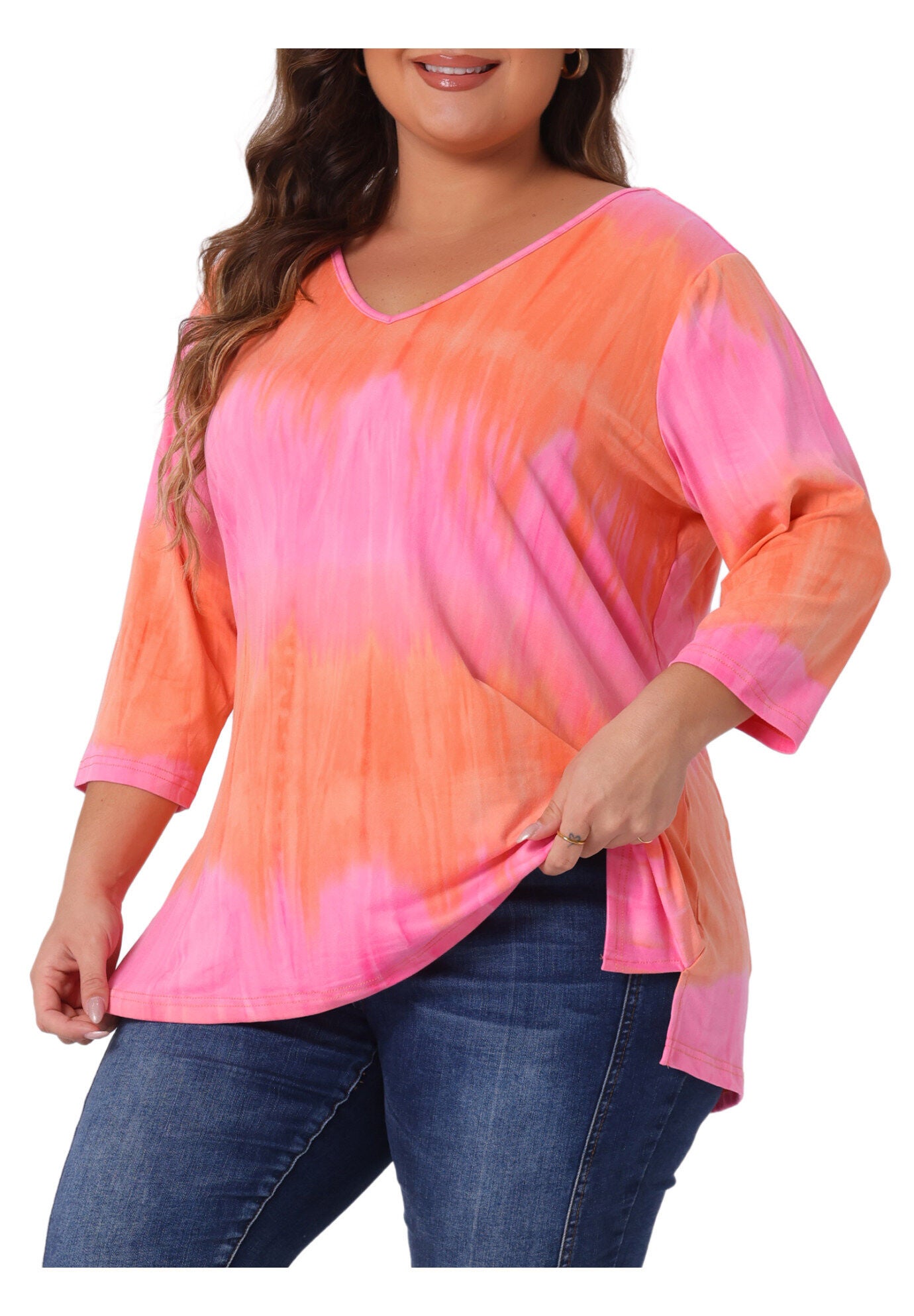 V Neck 3/4 Sleeve Loose Casual Striped Tie Dye Print T-Shirt Top, Pink / Pink, alternate image number 1