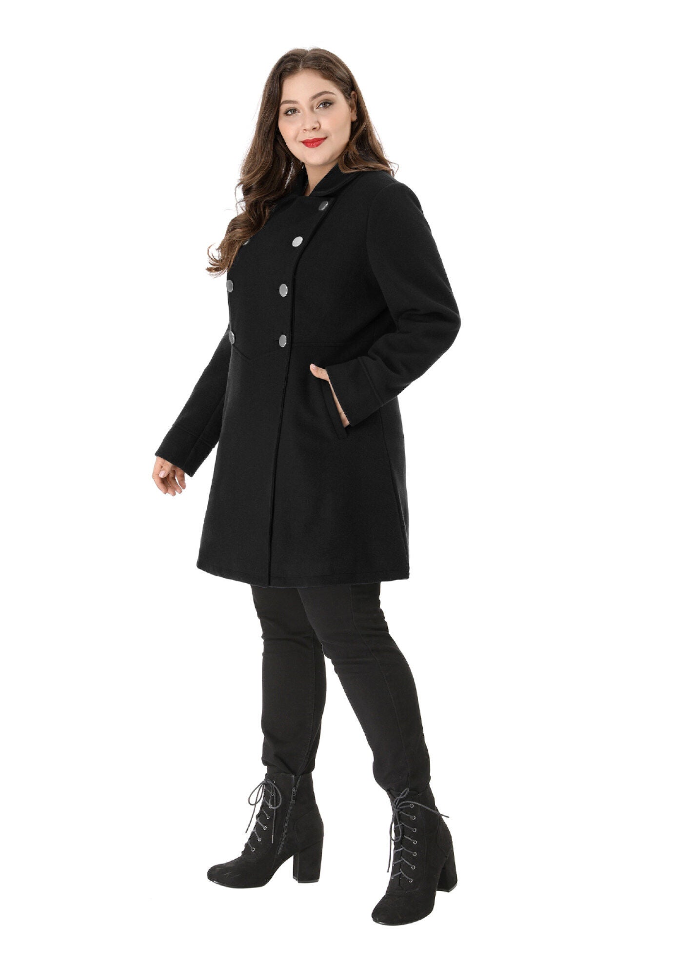 A-Line Peter Pan Collar Double Breasted Peacoat, Black / Black, alternate image number 3