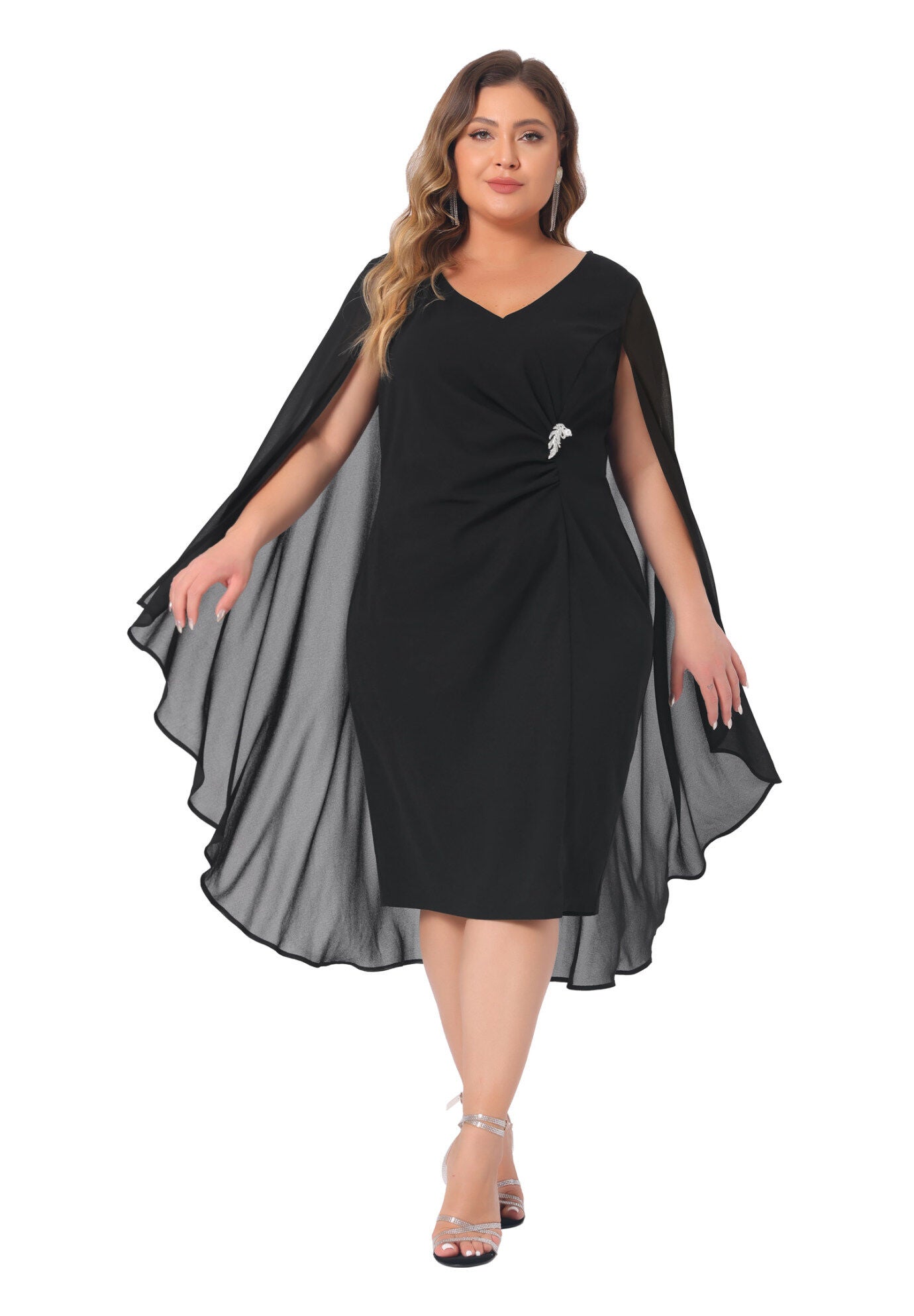 Chiffon Cape Sleeve Bodycon Pencil Cocktail Dress, Black / Black, hi-res image number 0