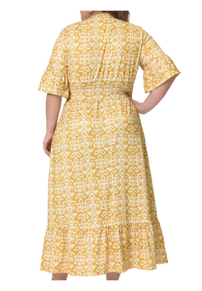 Bell Sleeve Ruffled Hem V Neck Short Sleeve Boho A Line Long Dress, Yellow / Yellow, alternate image number 3