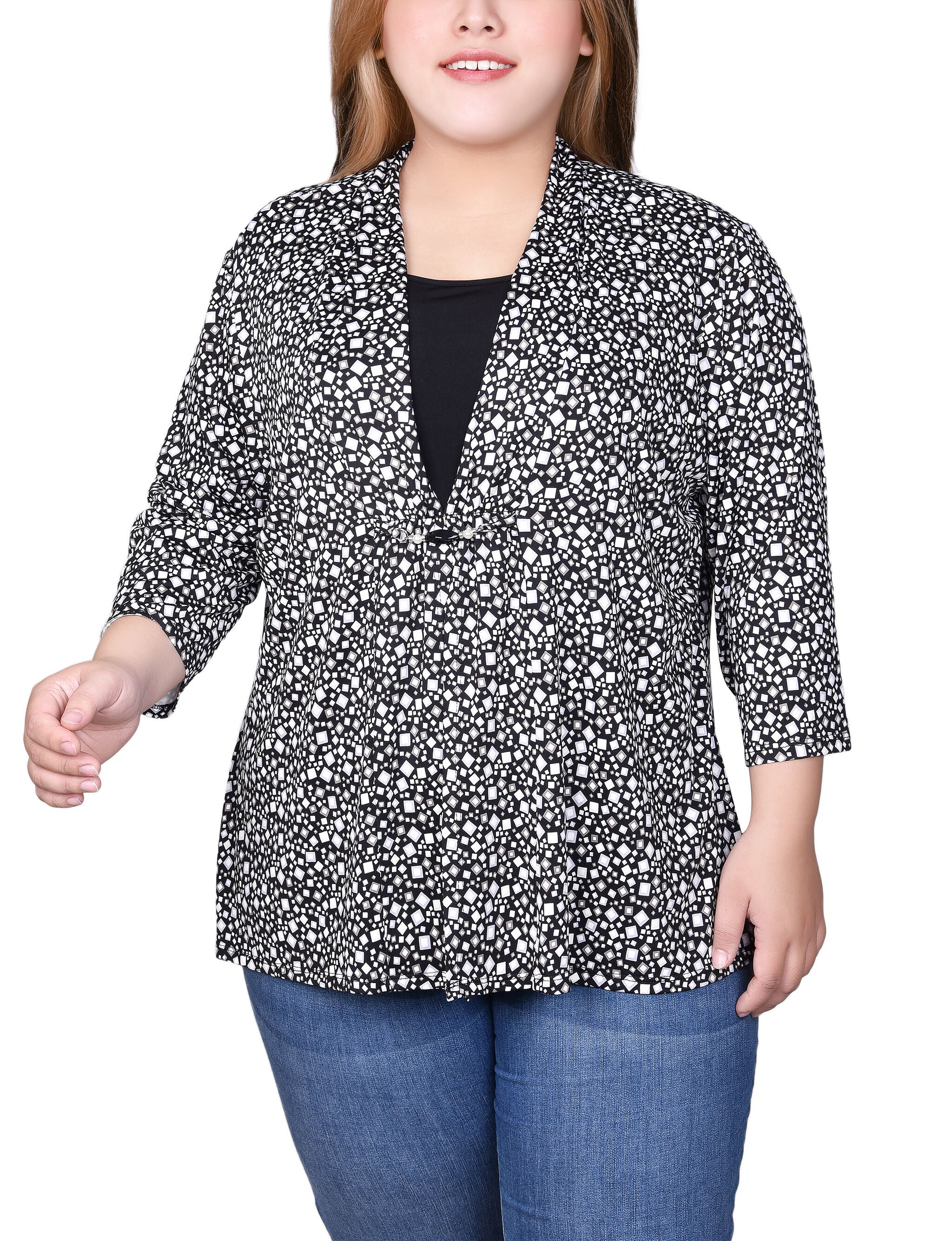 Puff Print 3/4 Sleeve Two-Fer Top, Black Multi Square, hi-res image number 0