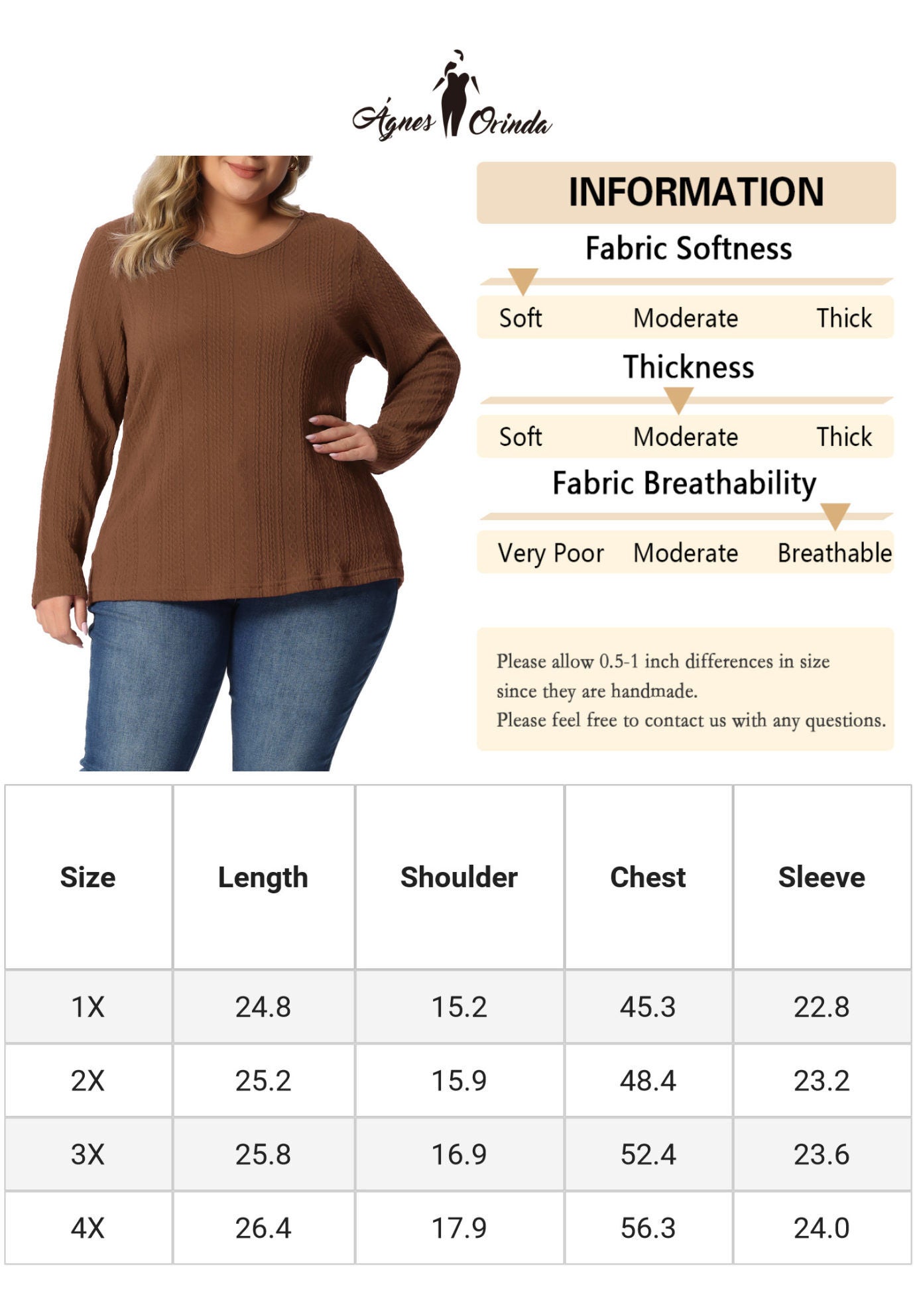 V Neck Long Sleeve Basic Knit Top Tee T-Shirt, Brown / Brown, alternate image number 4