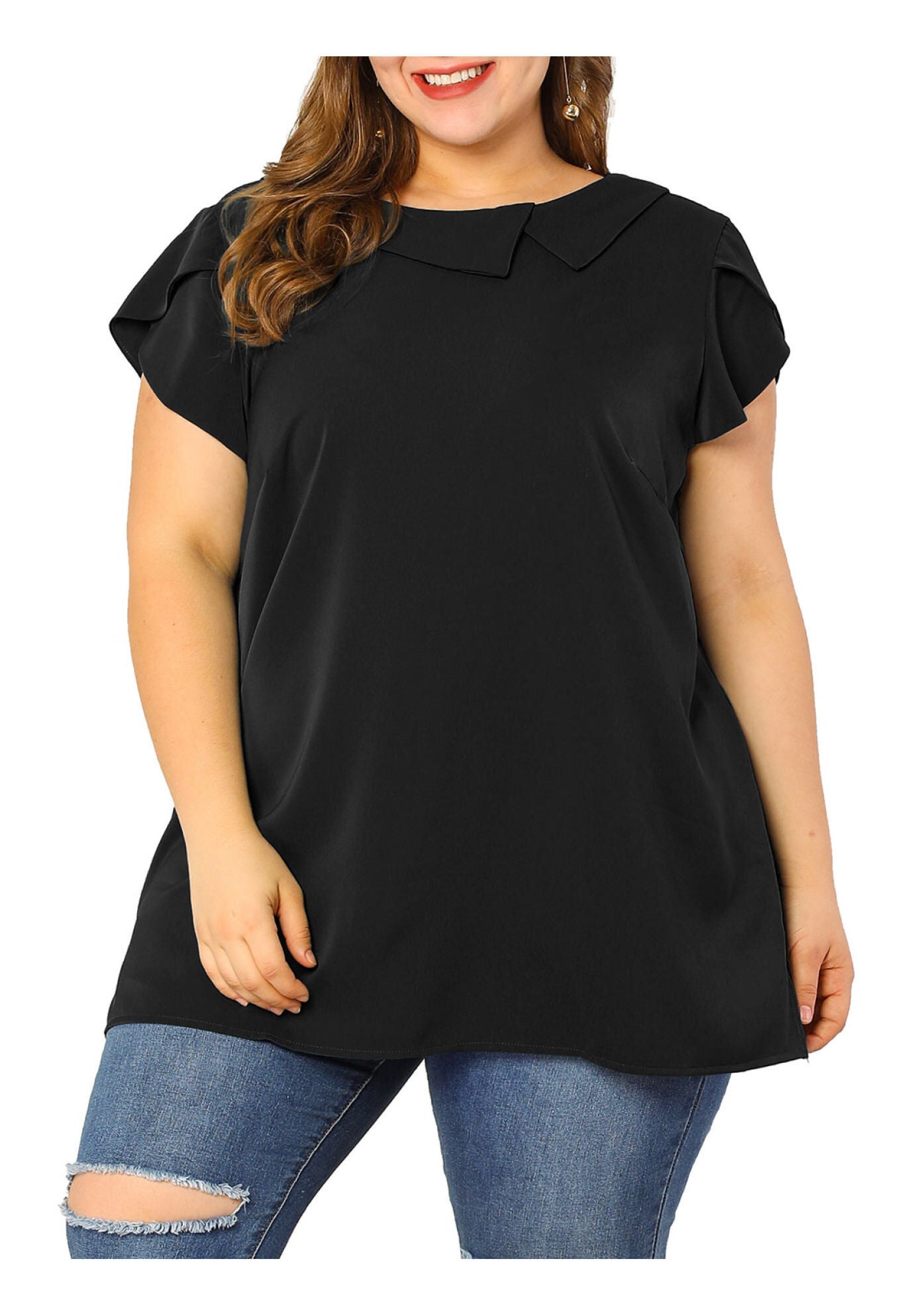 BOAT NECK FLUTTER SLEEVE CHIFFON TOP, Black / Black, alternate image number 2
