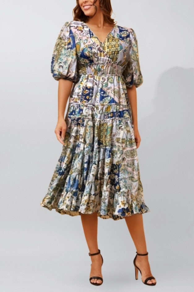 Adeline Bohemian Floral Patchwork Maxi Dress – V-Neck Puff Sleeve Vintage Chic Summer Dress, Blue / Dusty Blue, alternate image number 2