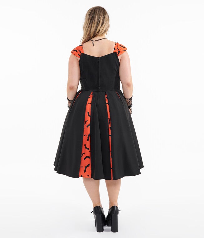 1950s Orange & Black Bat Stripe Swing Dress, Orange Black Bat Stripe / Black, alternate image number 1