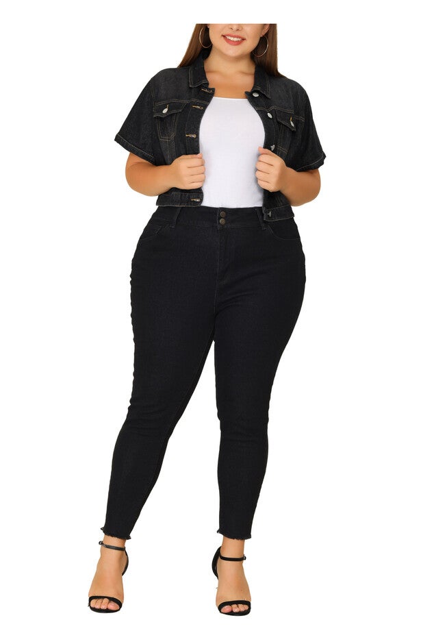 SHORT SLEEVE BUTTON DOWN CROPPED DENIM JACKET, Black / Black, alternate image number 1