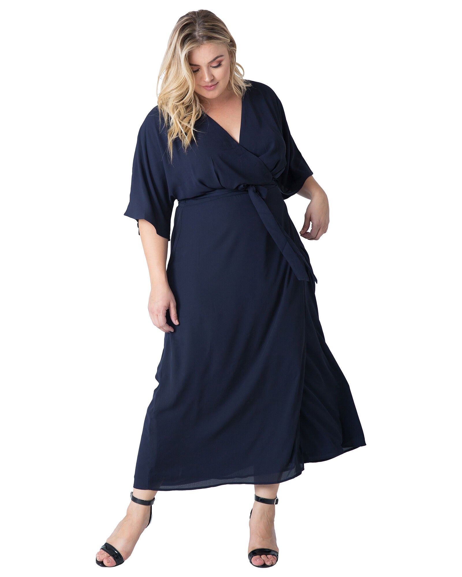 Plus Size Olivia Kimono Wrap Maxi Dress, Blue / Navy, alternate image number 3