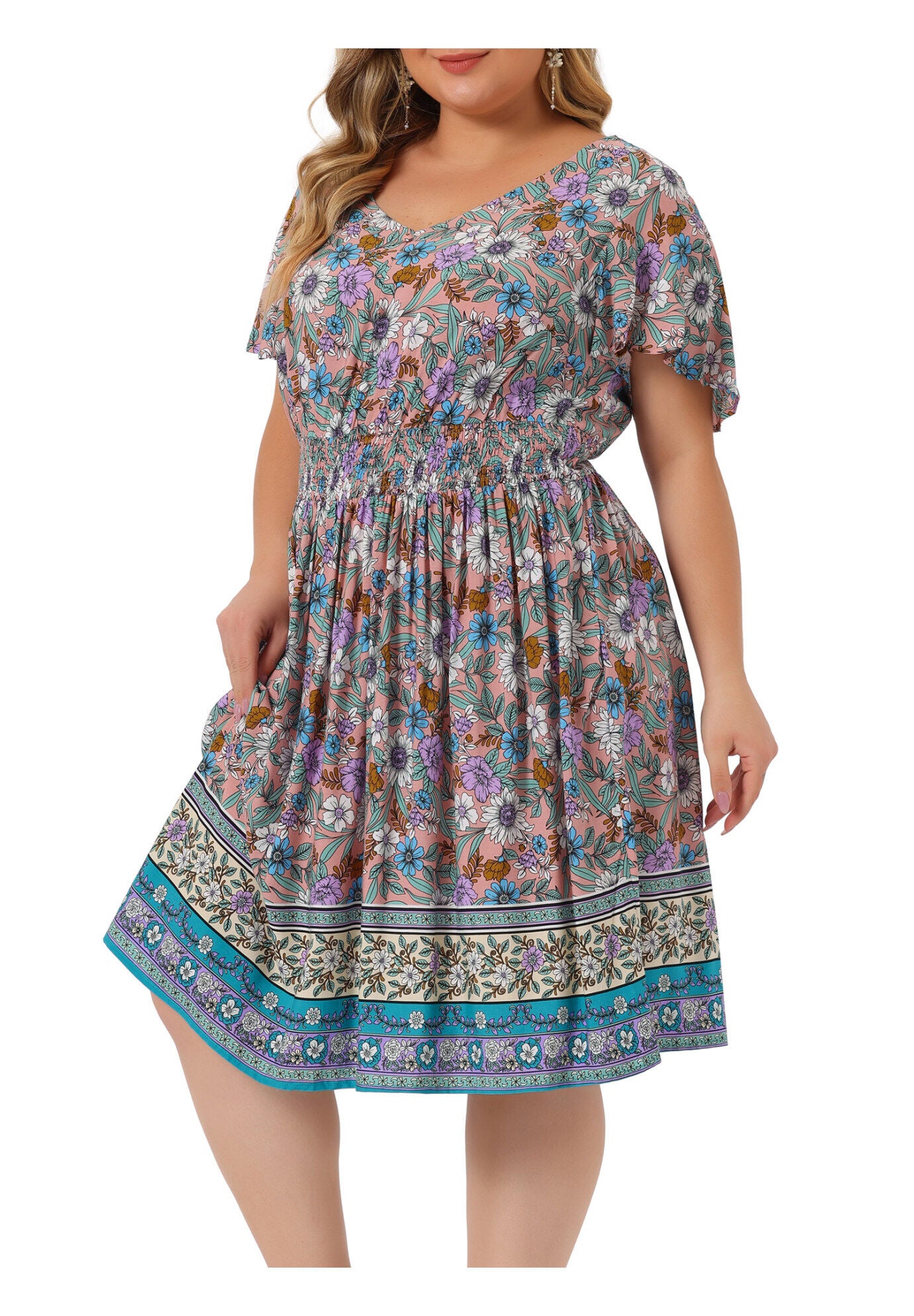 Placed Pattern Bohemian Smock Waist V Neck Summer Midi Dress, Pink / Pink, alternate image number 1