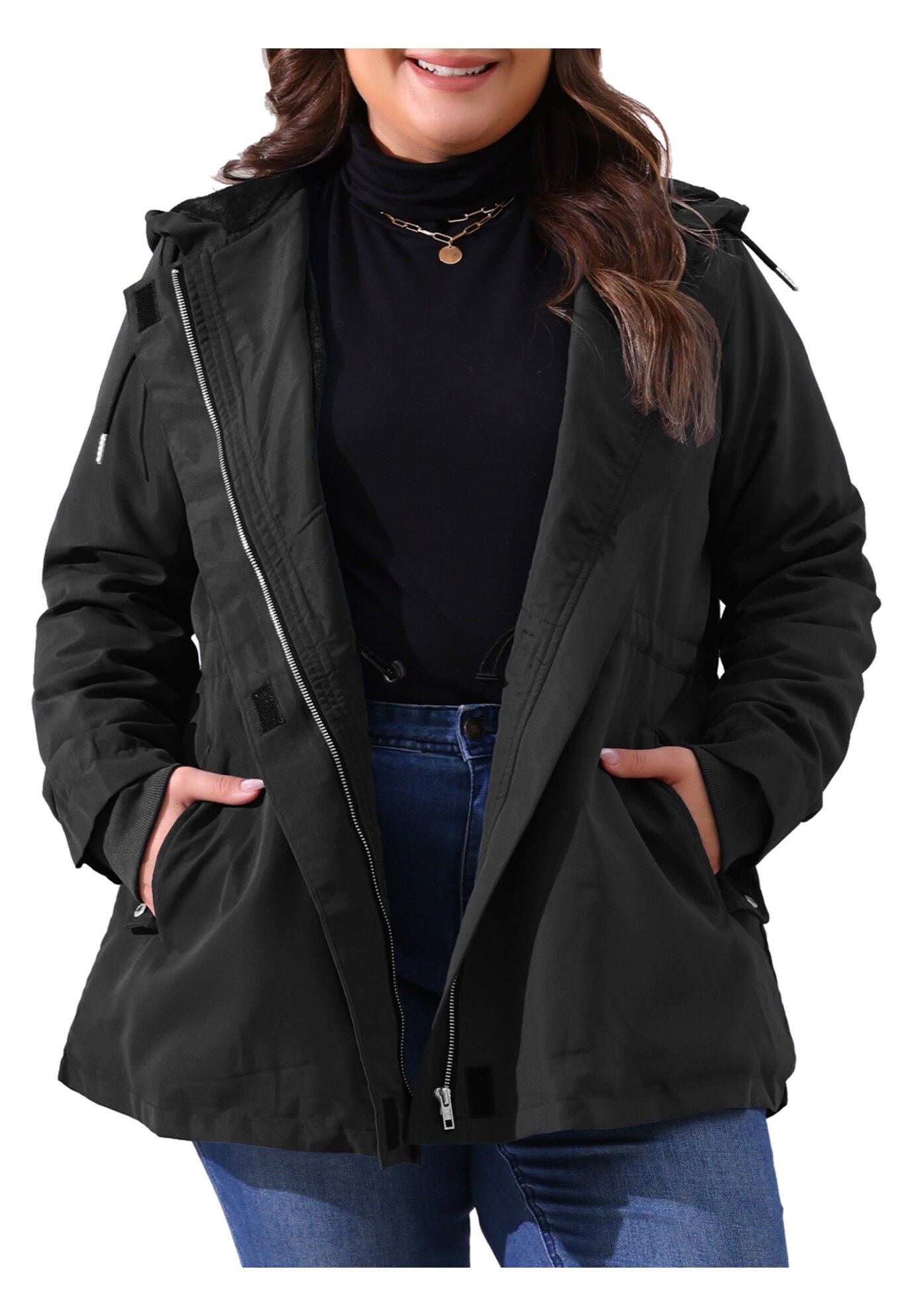 Waterproof Fleece Lined Rain Jacket Hooded Windbreaker Coat, Black / Black, alternate image number 2