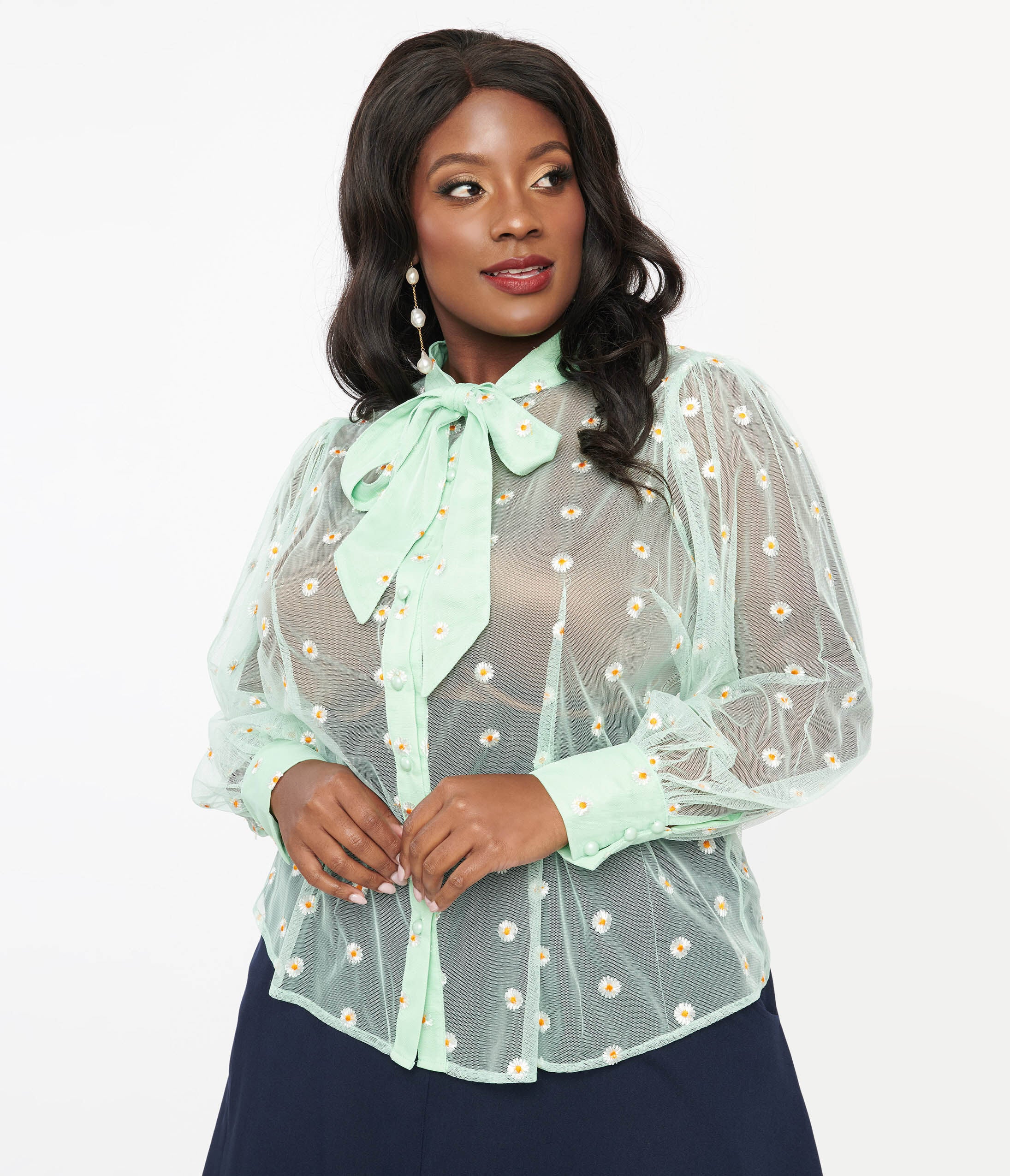 Unique Vintage Green & White Daisy Print Sheer Gwen Blouse, , alternate image number 6