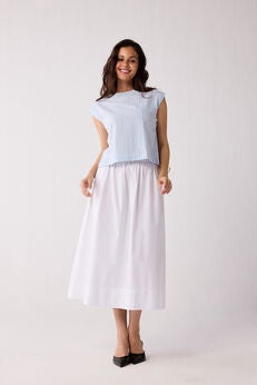 Button-Back Crew Neck Top in Blue Stripes