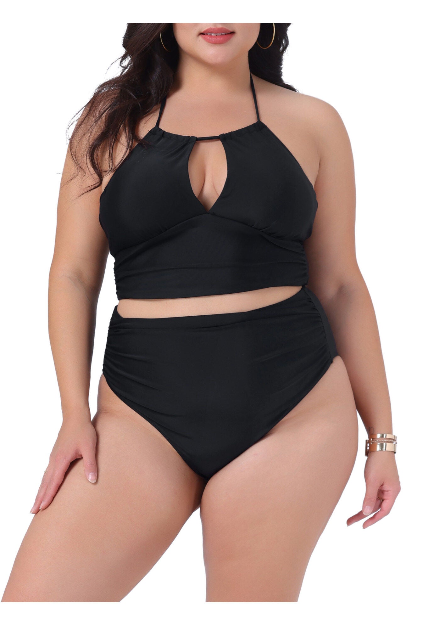 2 Piece Halter Ruched Polka Dots Solid High Waisted Swimsuit Set, Black / Black, alternate image number 2