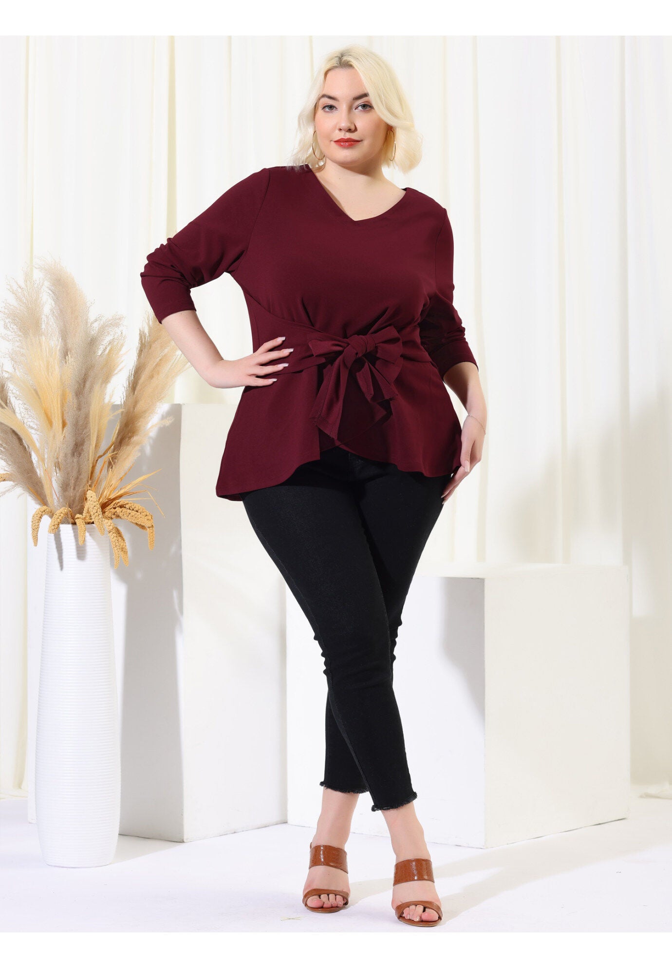 V Neck Knit Belted Knot Tie Work Top Blouse, Burgundy / Burgundy, hi-res image number 0