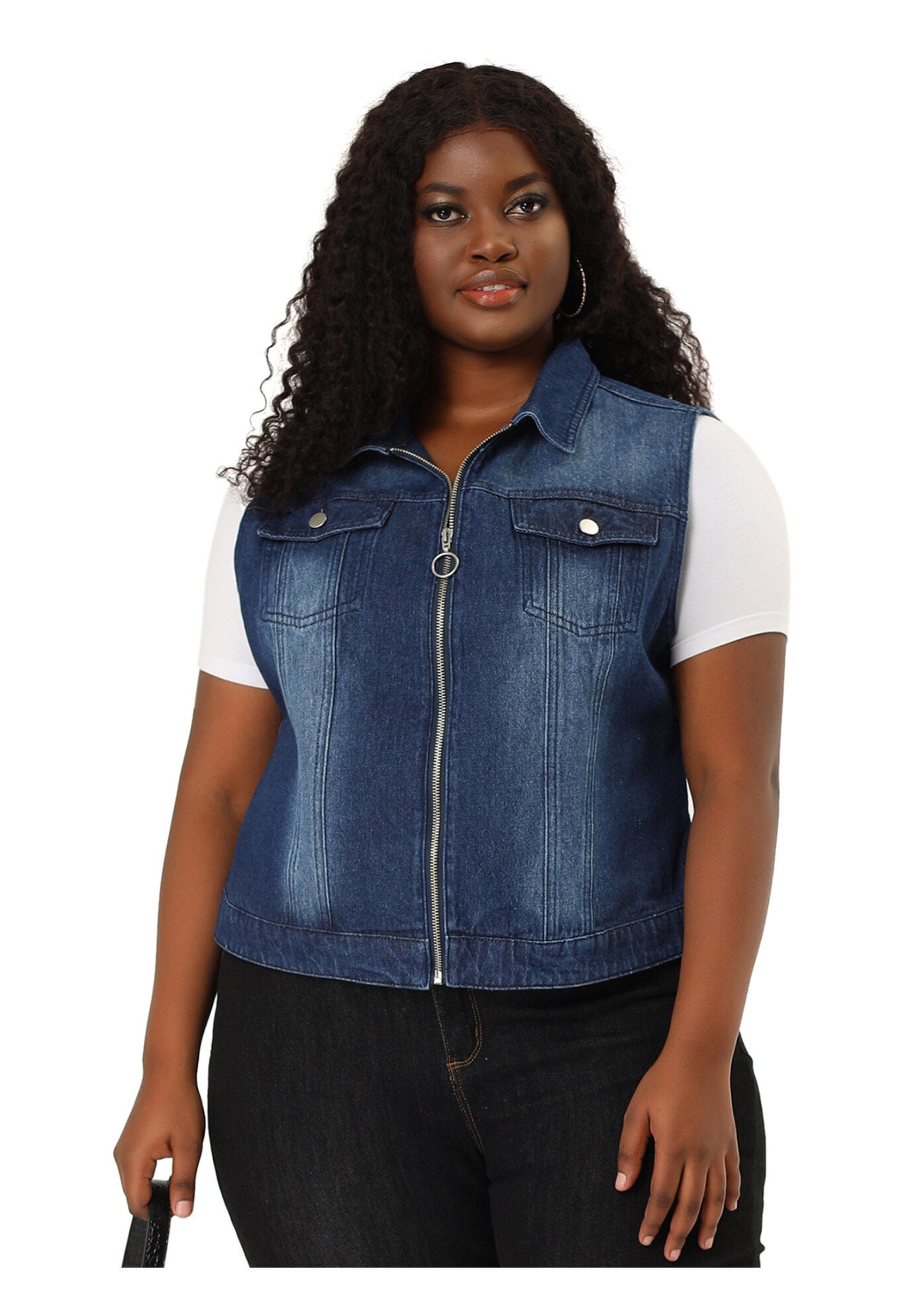 DENIM SLEEVELESS ZIP UP BUTTON DOWN JEANS JACKET VEST, Blue / Royal Blue, alternate image number 4