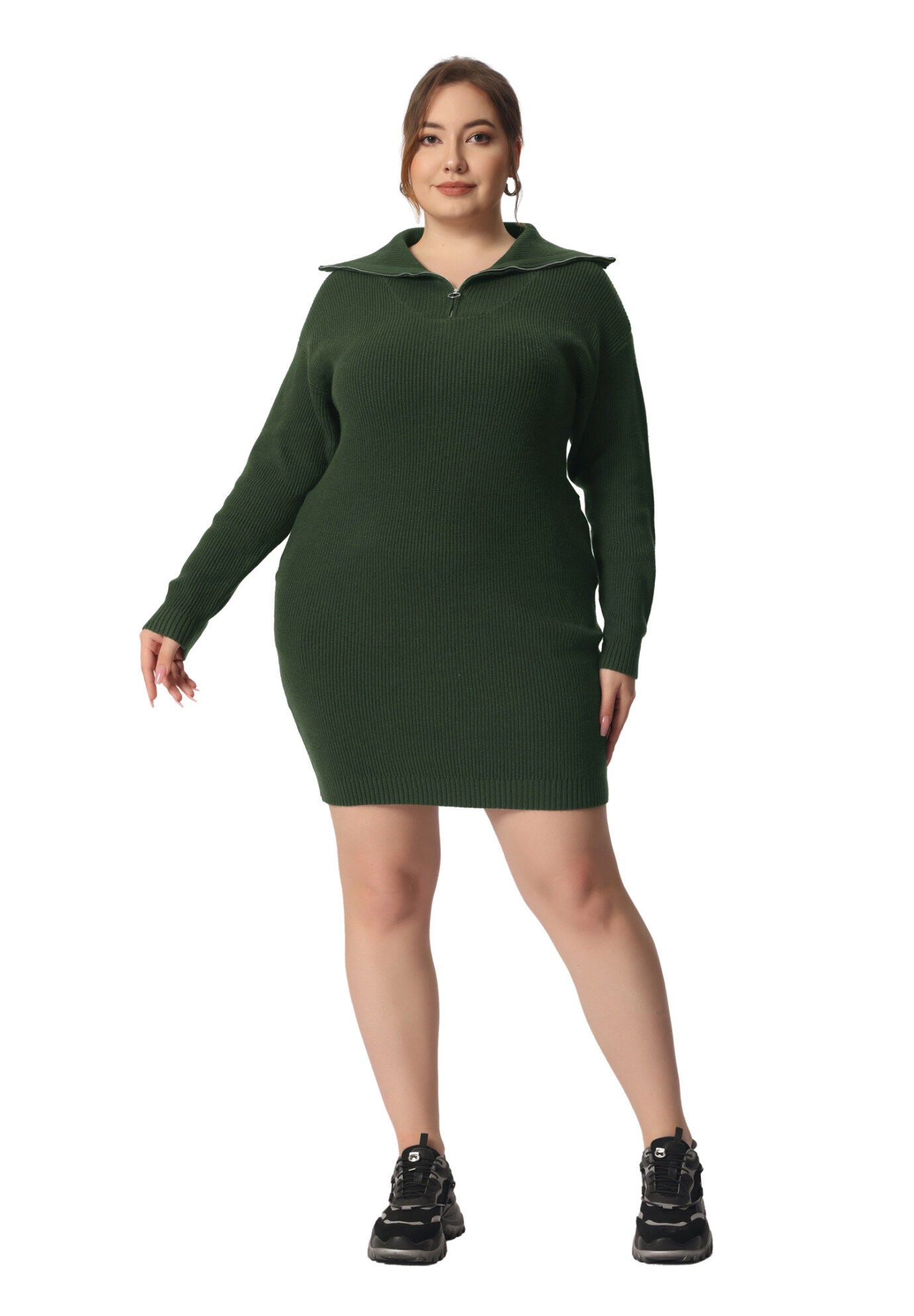 Knit Foldover Collar Loose Pullover Jumper Sweater, Army Green / Olive Green, hi-res image number 0