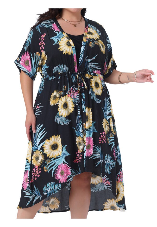 Floral Print Short Sleeve Kimono Cardigan Loose Beach Wear Cover Up, Black / Black, alternate image number 1