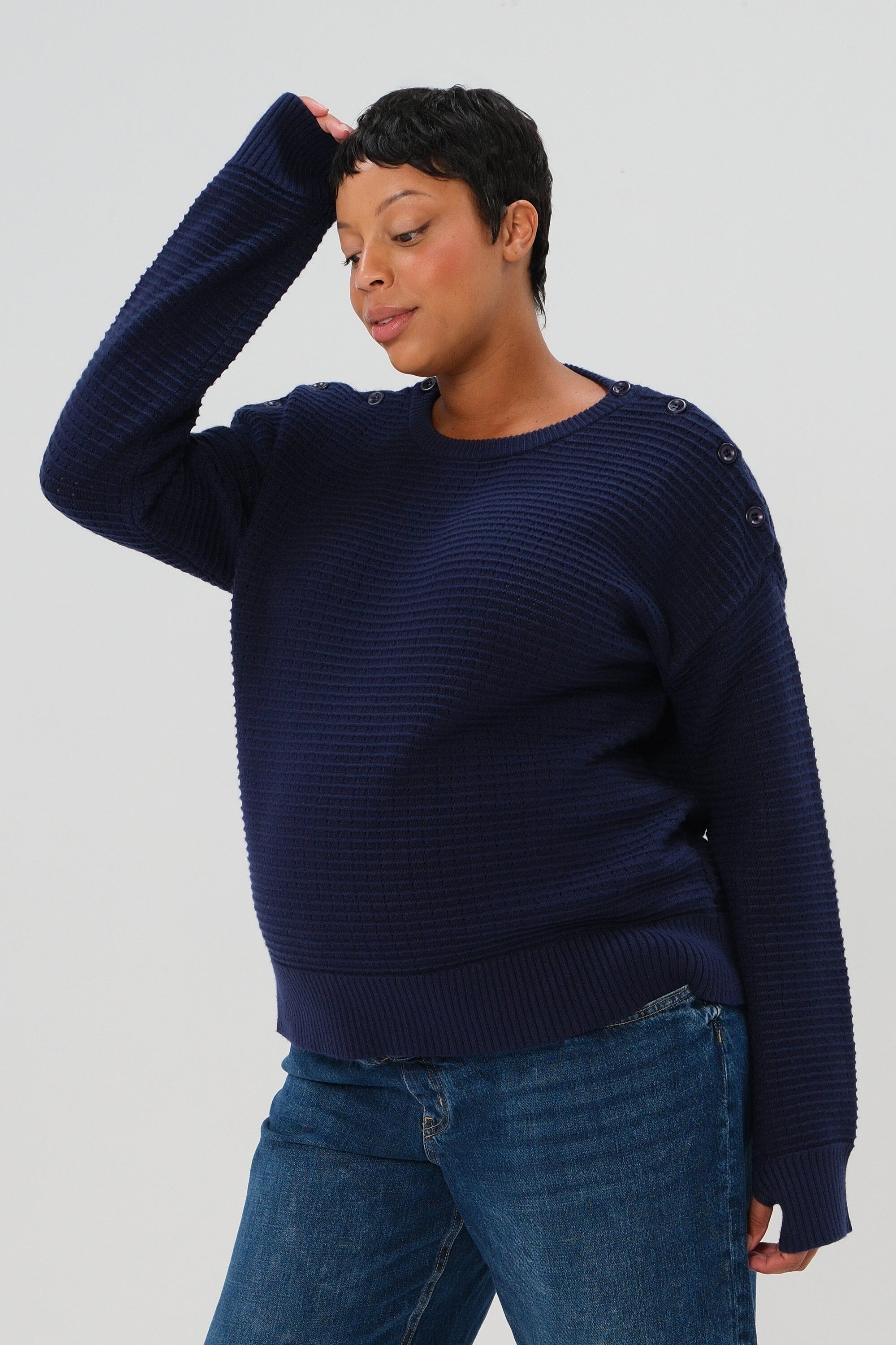 Women&#39;s Maternity & Nursing Sweater with Button Detail & Hidden Thumbhole Feature, Navy Blue / Navy, alternate image number 1
