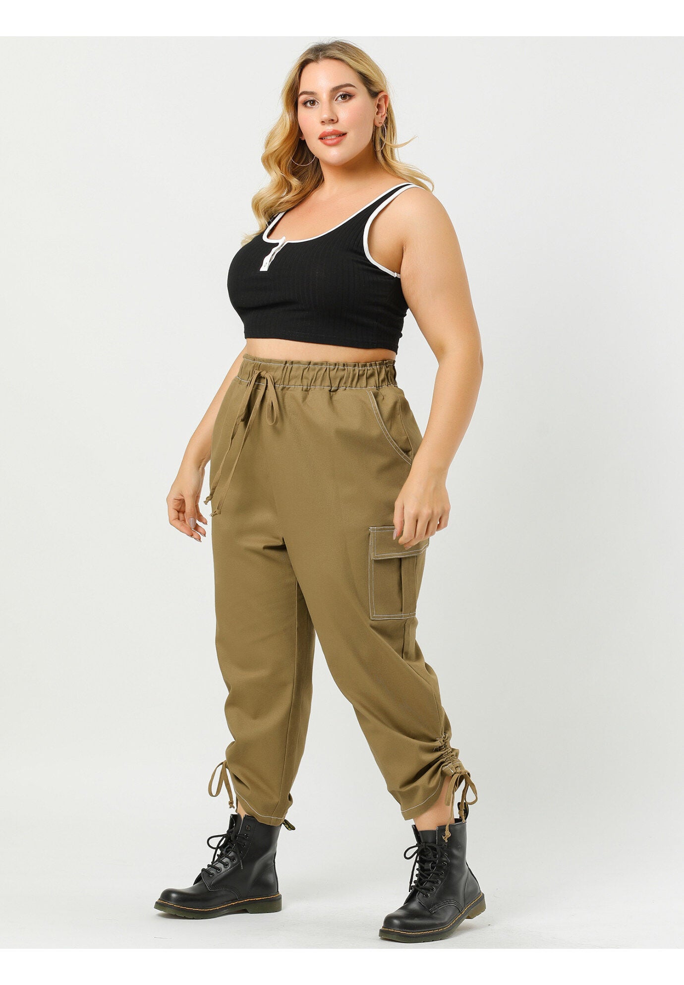 DRAWSTRING ELASTIC WAIST CARGO PANTS, Khaki / Brown, alternate image number 3