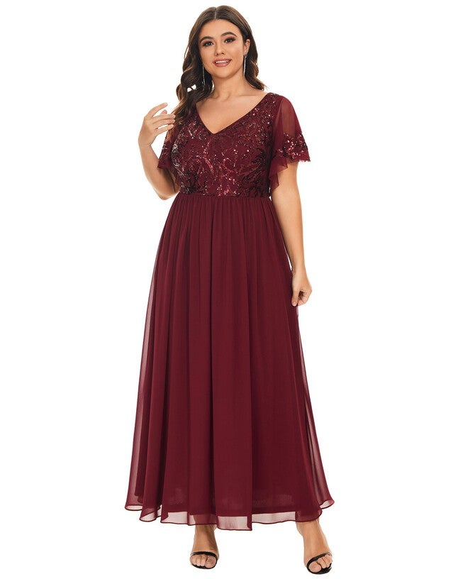 V-Neck Short Sleeve Sequin Bodice Mother of the Bride Dress, Burgundy / Burgundy, hi-res image number 0