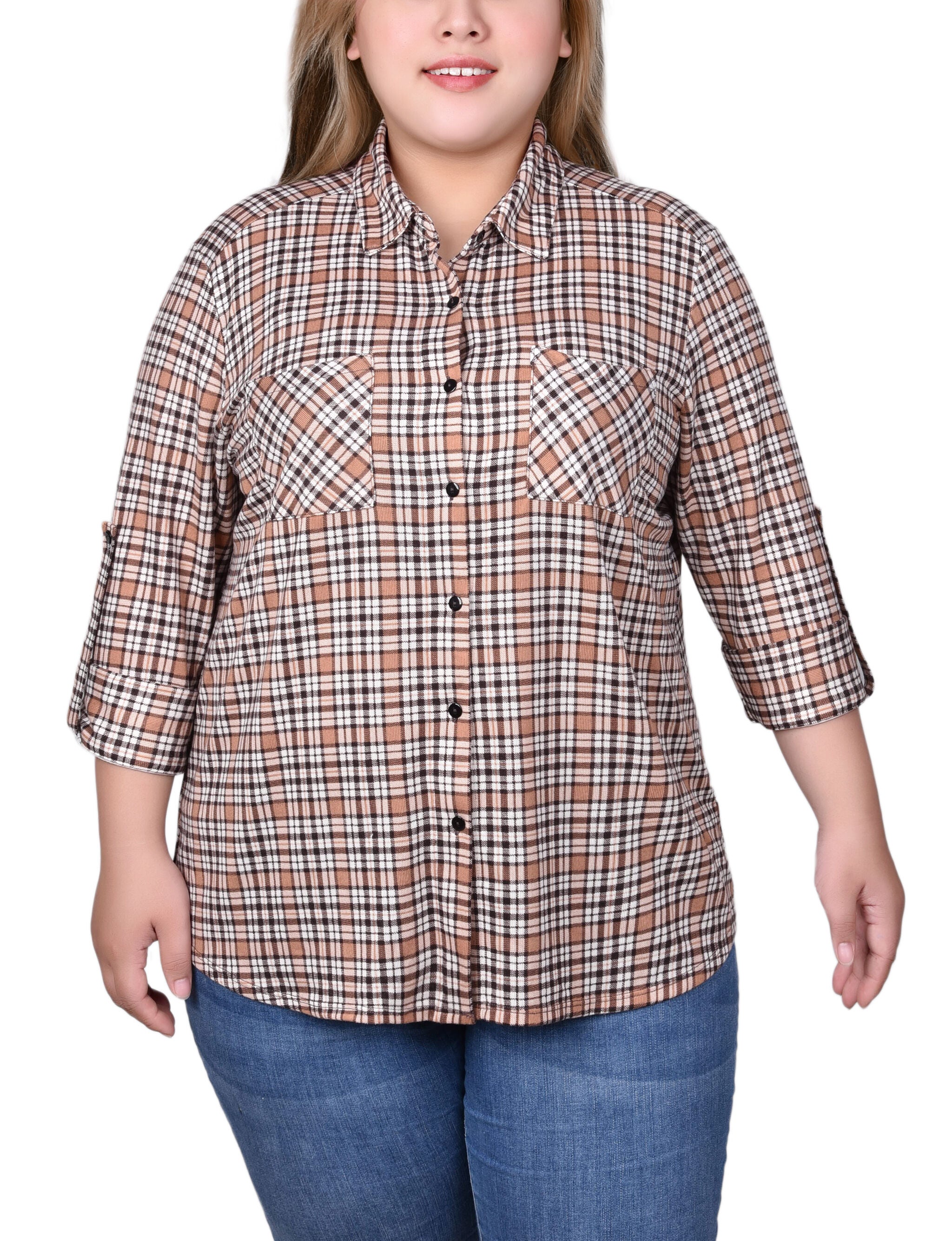 Long Sleeve Button Front Tunic Top, Tan Plaid, hi-res image number 0