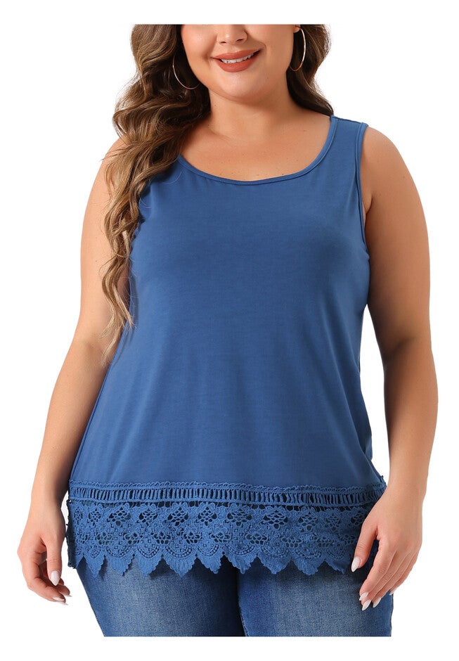 Round Neck Sleeveless Swing Lace Panel Flowy Top, Navy Blue / Navy, alternate image number 2
