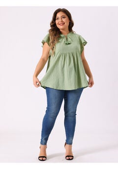 V NECK TASSEL SELF TIE FLUTTER SHORT SLEEVE BLOUSE
