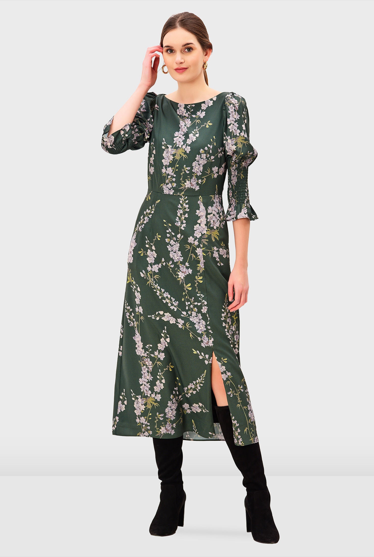 Floral Print Crepe A-Line Dress, Deep Green / Kelly Green, alternate image number 4