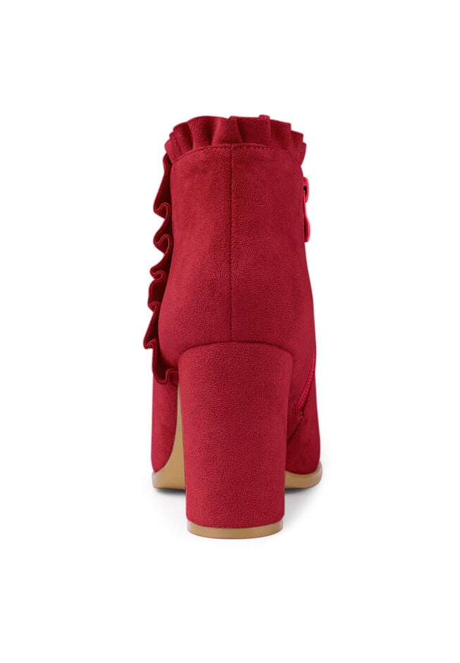 RUFFLE BLOCK HEEL ANKLE BOOTS, Red / Red, alternate image number null