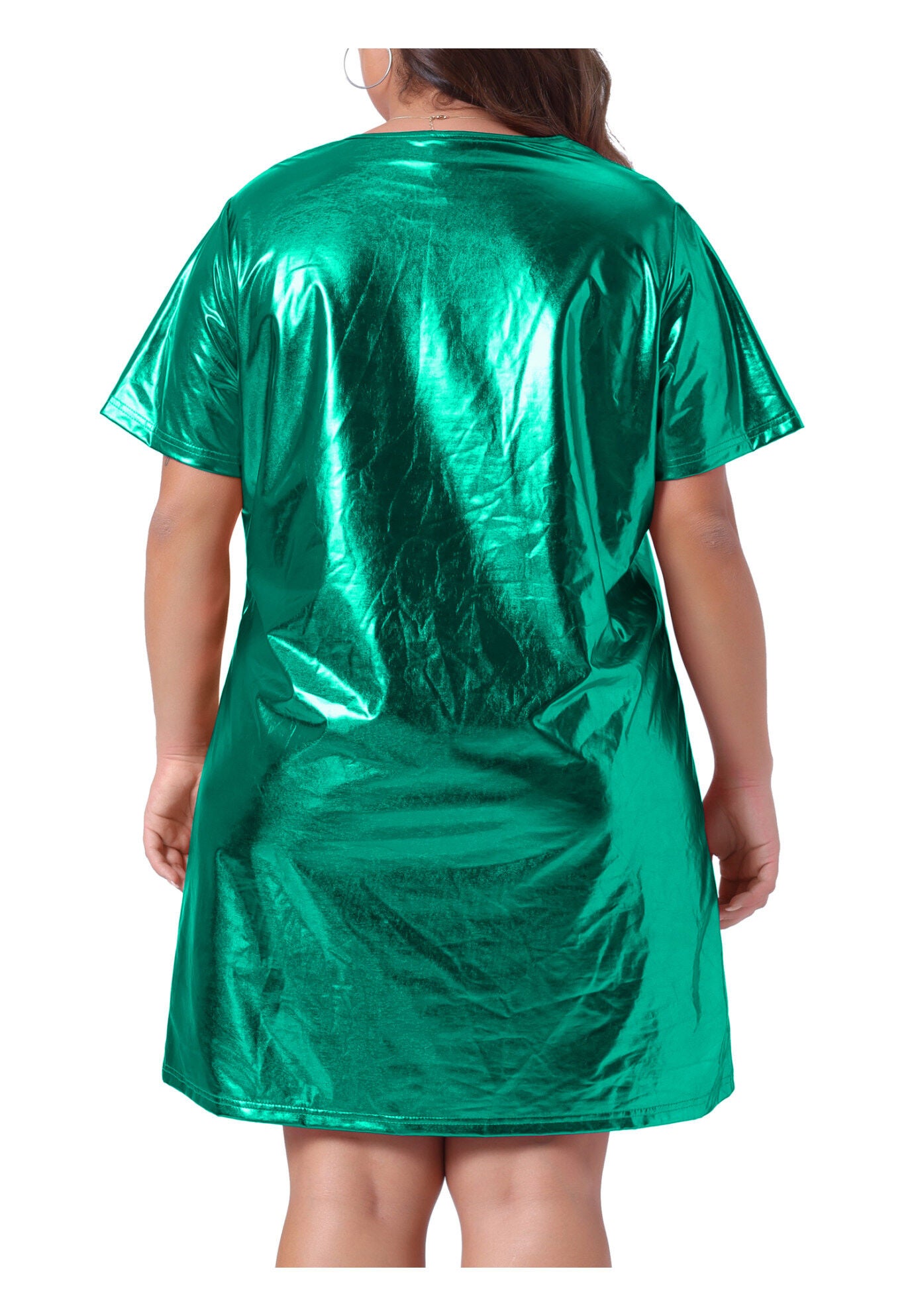 Metallic Round Neck Short Sleeve Loose Mini T-Shirt Dress, Green / Teal, alternate image number 3