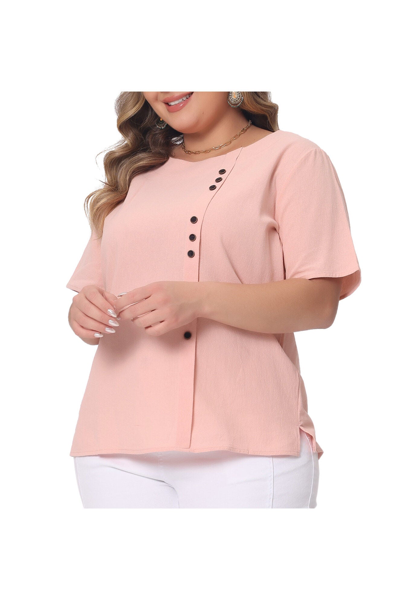 Short Sleeve Round Neck Cotton Linen T-Shirt Top, Pink / Pink, alternate image number 2