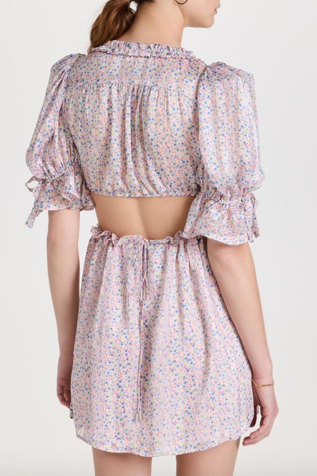 PHOEBE FLORAL-PRINT CUTOUT SATIN CHIFFON MINI DRESS IN BLUE FLORAL, Blue Floral / Light Blue, alternate image number 2