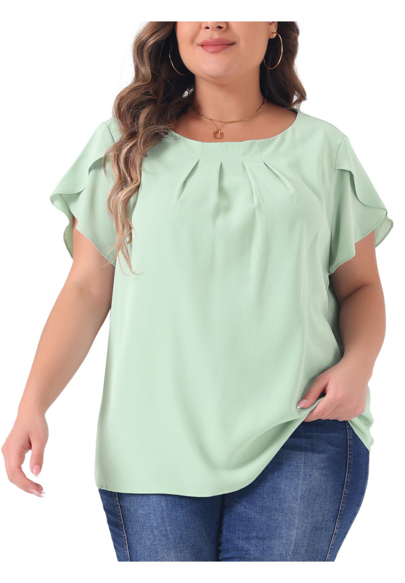 Round Neck Pleated Top Tulip Sleeves Blouse Top, Light Green / Light Green, alternate image number 2