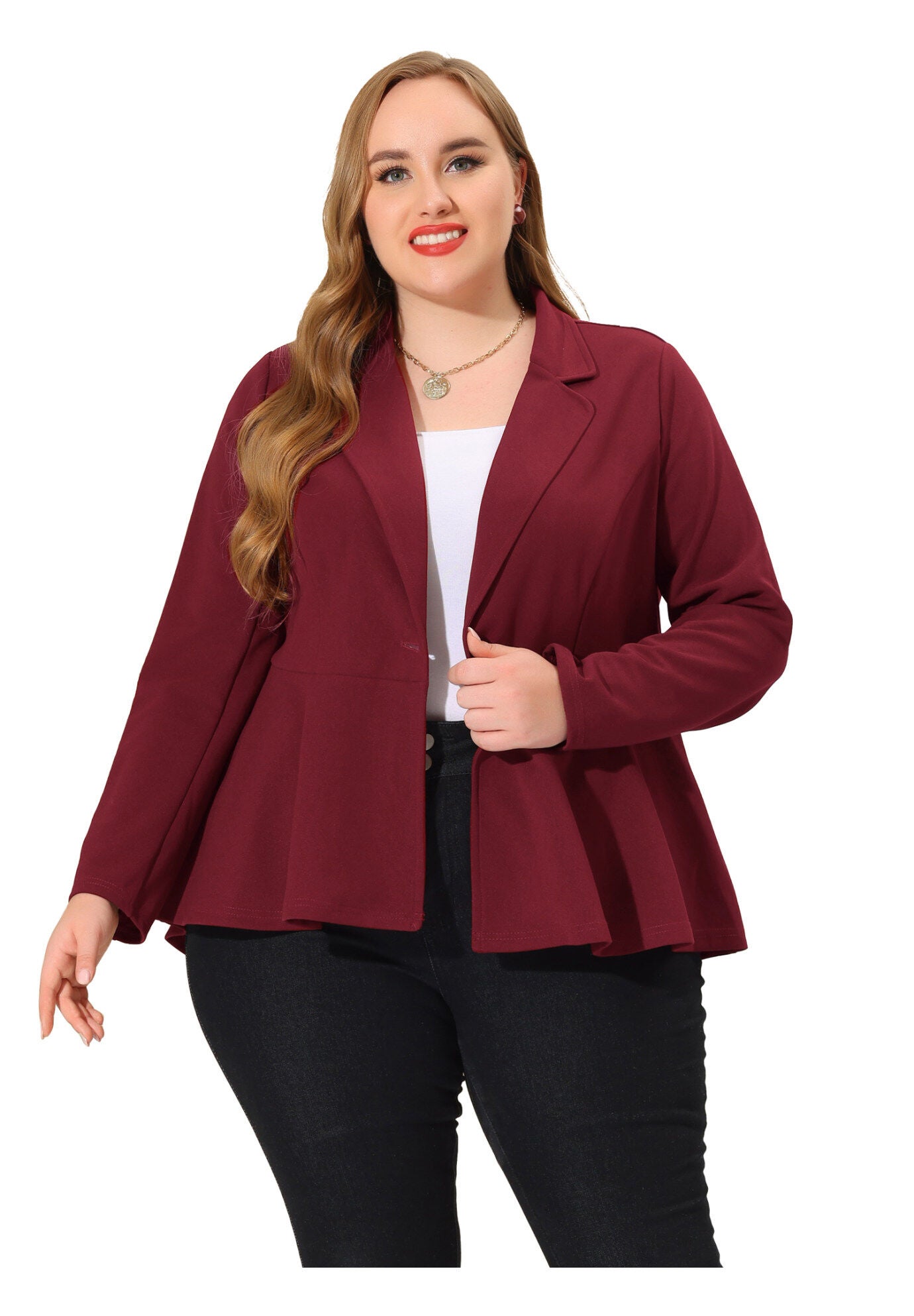 Ruffle V-Neck Button-Front Peplum Blazer, Burgundy / Red, alternate image number 3