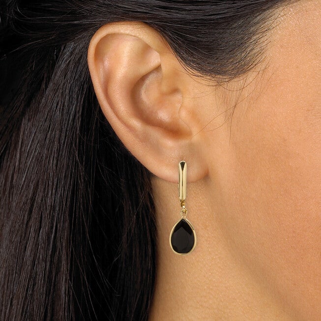 Pear-Shaped Genuine Onyx Yellow Gold-Plated Drop Earrings, , alternate image number 7