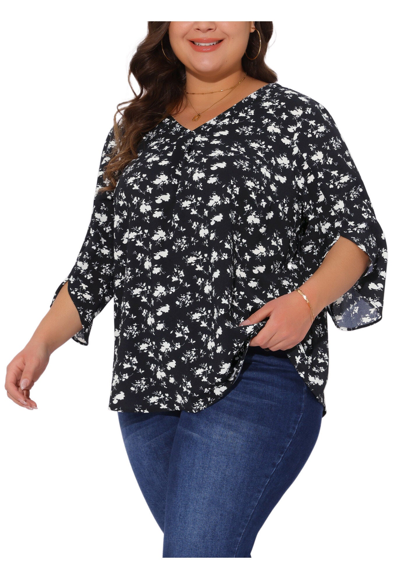 3/4 Sleeve V Neck Chiffon Shirt Tunic Top, Black / Black, alternate image number 1