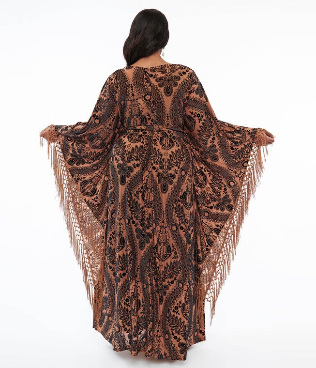 Unique Vintage 1960s Black & Nude Floral Fringe Flutter Sleeve Caftan, Black Nude Floral / Black, alternate image number 1