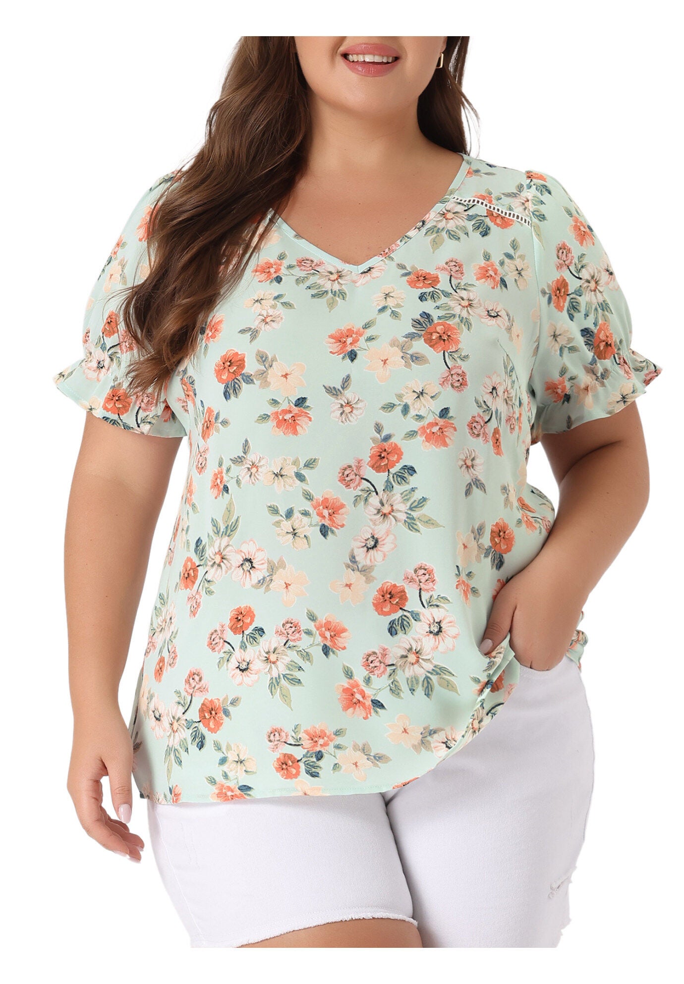 V Neck Ruffle Short Sleeve Chic Summer Blouses, Light Green / Light Green, alternate image number 2