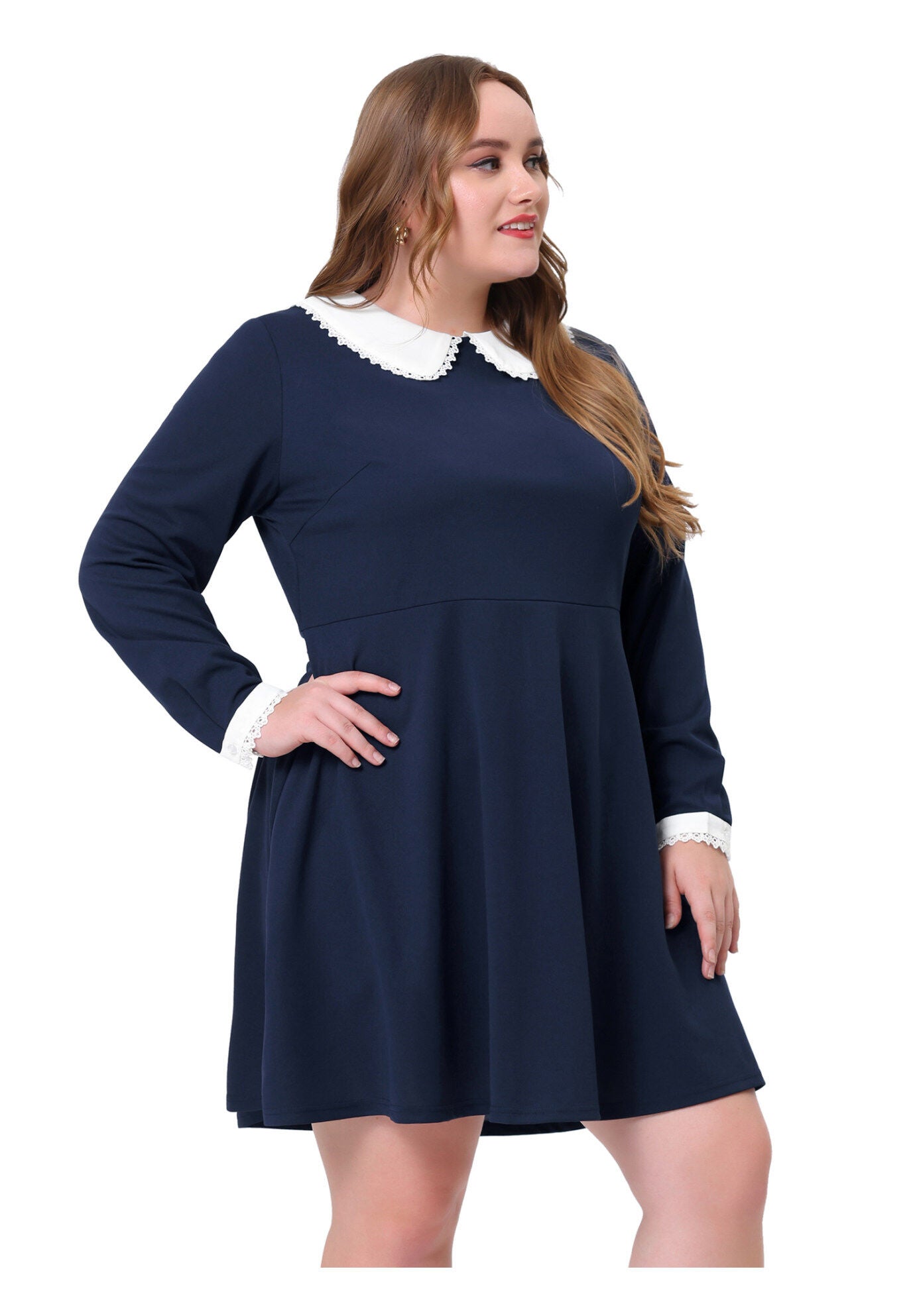 LONG SLEEVE DOLL PETER PAN COLLAR FLARE MIDI DRESS, Navy Blue / Navy, hi-res image number 0