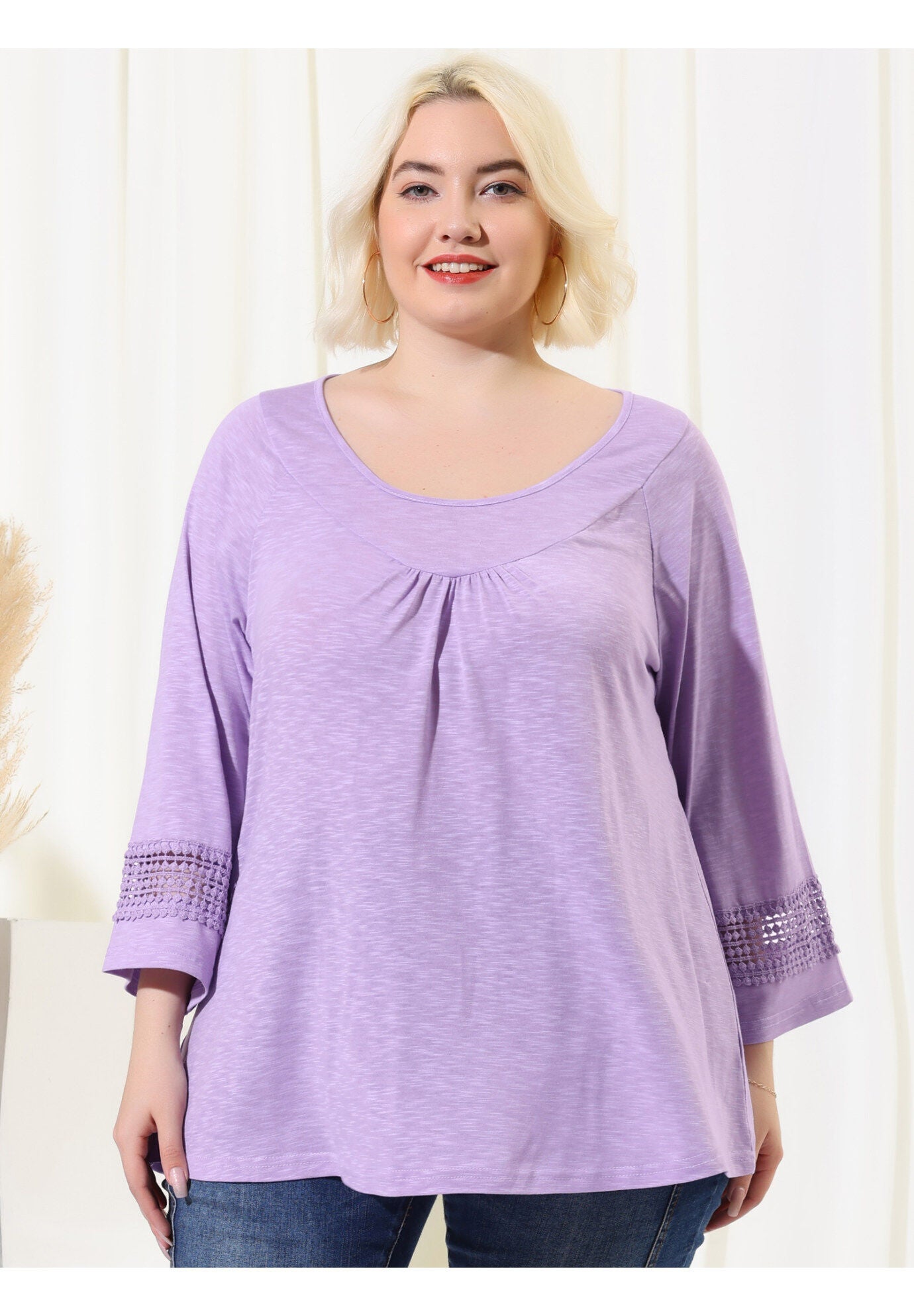 CROCHET PANEL HOLLOW OUT PLEATED TUNICS BLOUSE TOP, Light Purple / Purple, alternate image number 2