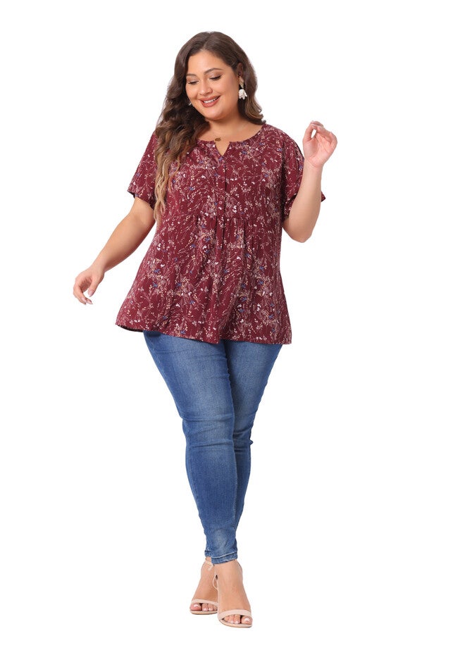 Summer Top Floral Half Placket Short Sleeve Casual Blouse, Burgundy / Burgundy, hi-res image number 0
