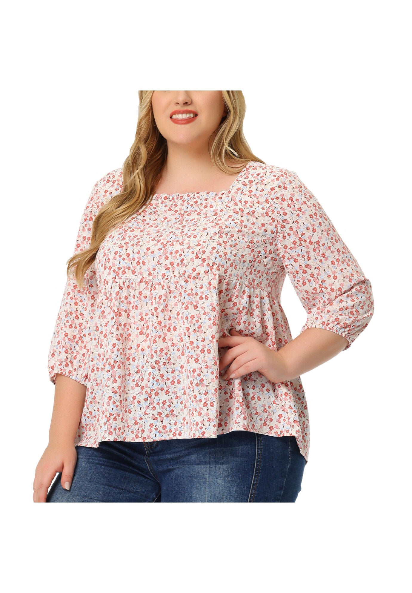 3/4 Sleeve Floral Peplum Babydoll Blouse, Pink / Pink, alternate image number 1