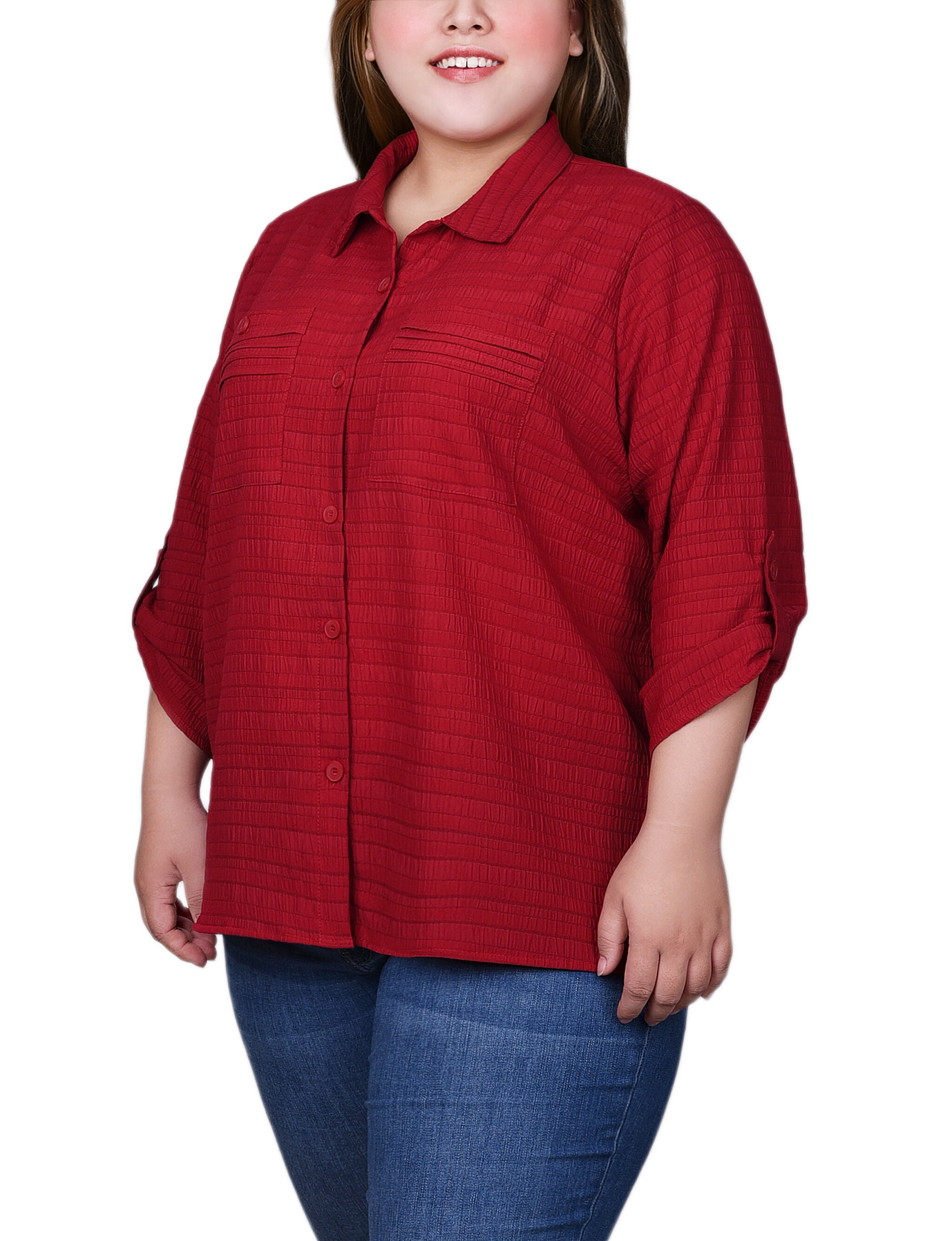 3/4 Sleeve Woven Jacquard Blouse, Red, alternate image number 2