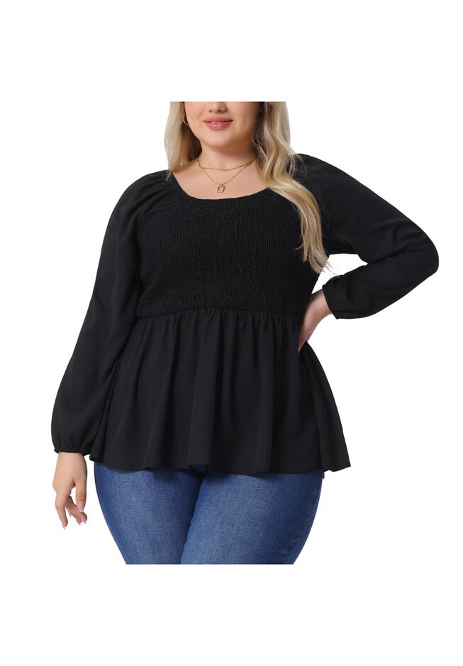 Smocked Peplum Crew Neck Long Sleeve Babydoll Chiffon Shirt Top, Black / Black, alternate image number 1
