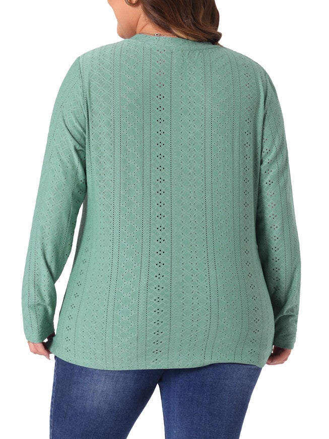 V Neck Long Sleeve Hollow Eyelet Top T-Shirt Tee, Green / Light Green, alternate image number 3