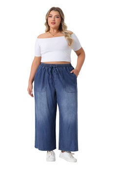 Drawstring Waist Wide Leg Chambray Palazzo Pants